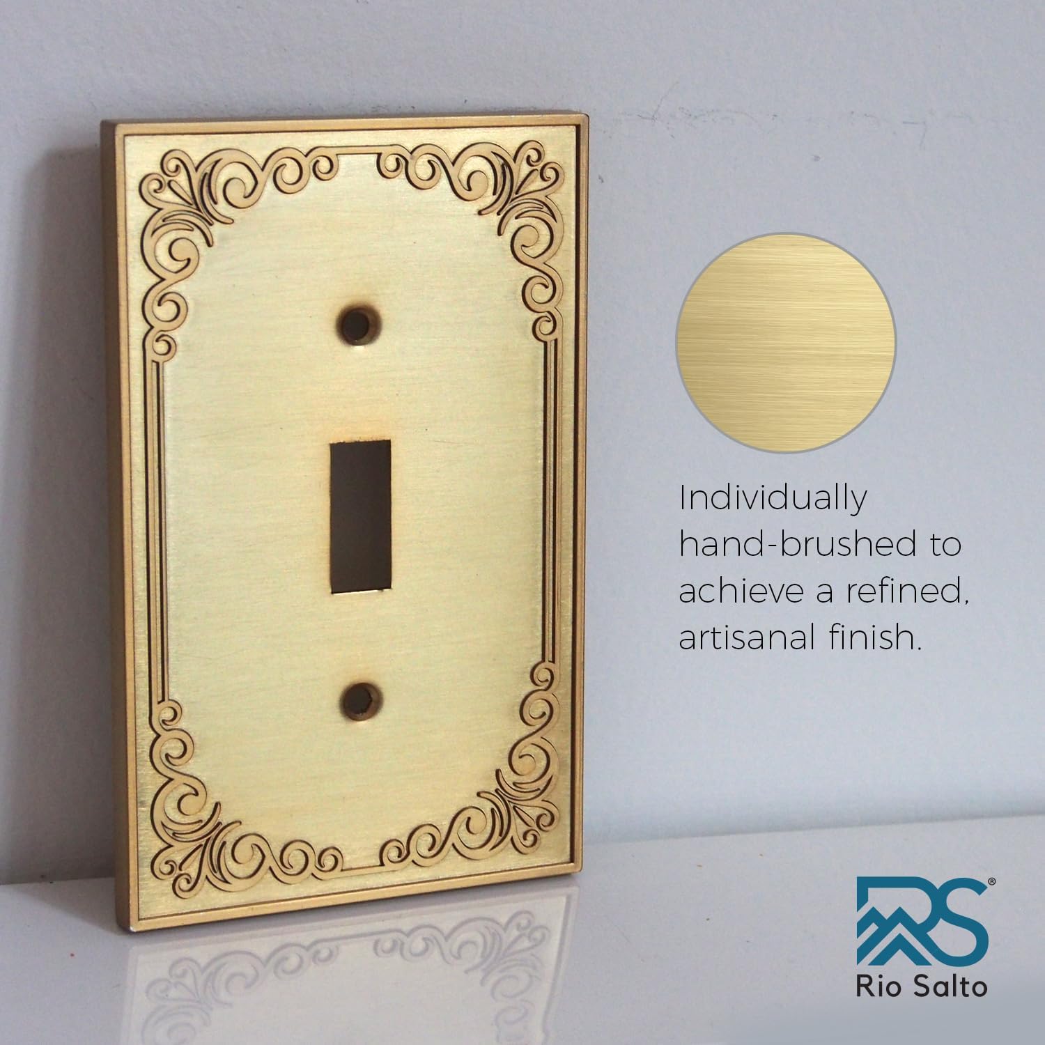 Rio Salto Palazzo Collection Brushed Brass Gold 1-Gang Toggle Light Switch Cover Flip Switch - Midsize Metal Cover 5" x 3.13", Heavy-Gauge Decorative Luxury Premium Wall Plate 2-Pack