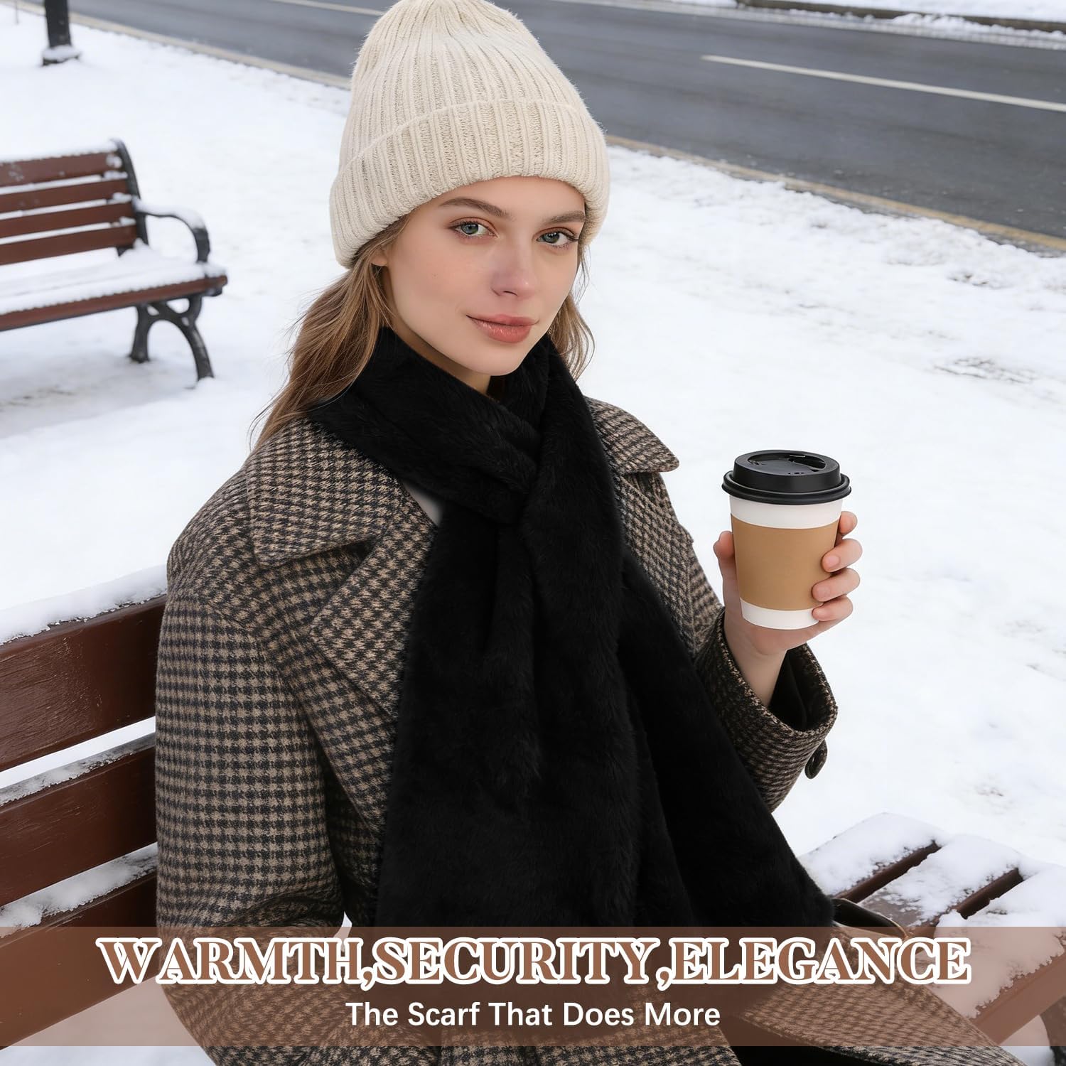 Faux-Fur Pull Through Scarf With Hidden Zipper Pocket, Fur Neck Collar Scarf Cozy Wrap, Women Travel Neck Wrap - Image 5