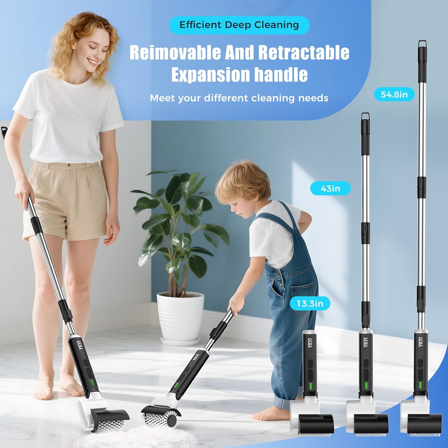 YKYI Electric Spin Scrubber-New Roller Type, Shower Scrubber with Long Handle, Electric Cleaning Brush with 4 Replaceable Brush Heads & Adjustable Power Scrubber for Shower, Bathtub,Tile, Floor(White) - Image 2