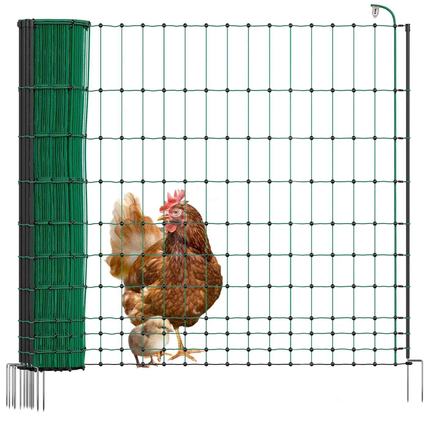 VOSS.farming Geflügelnetz 50m 122cm hoch Basic - Hühnerzaun elektrifizierbar, 14 stabile Pfähle mit Doppelspitze, grüner Geflügelzaun, Flexibler Zaun, mobiler Begrenzungszaun für Hühner, Haustiere