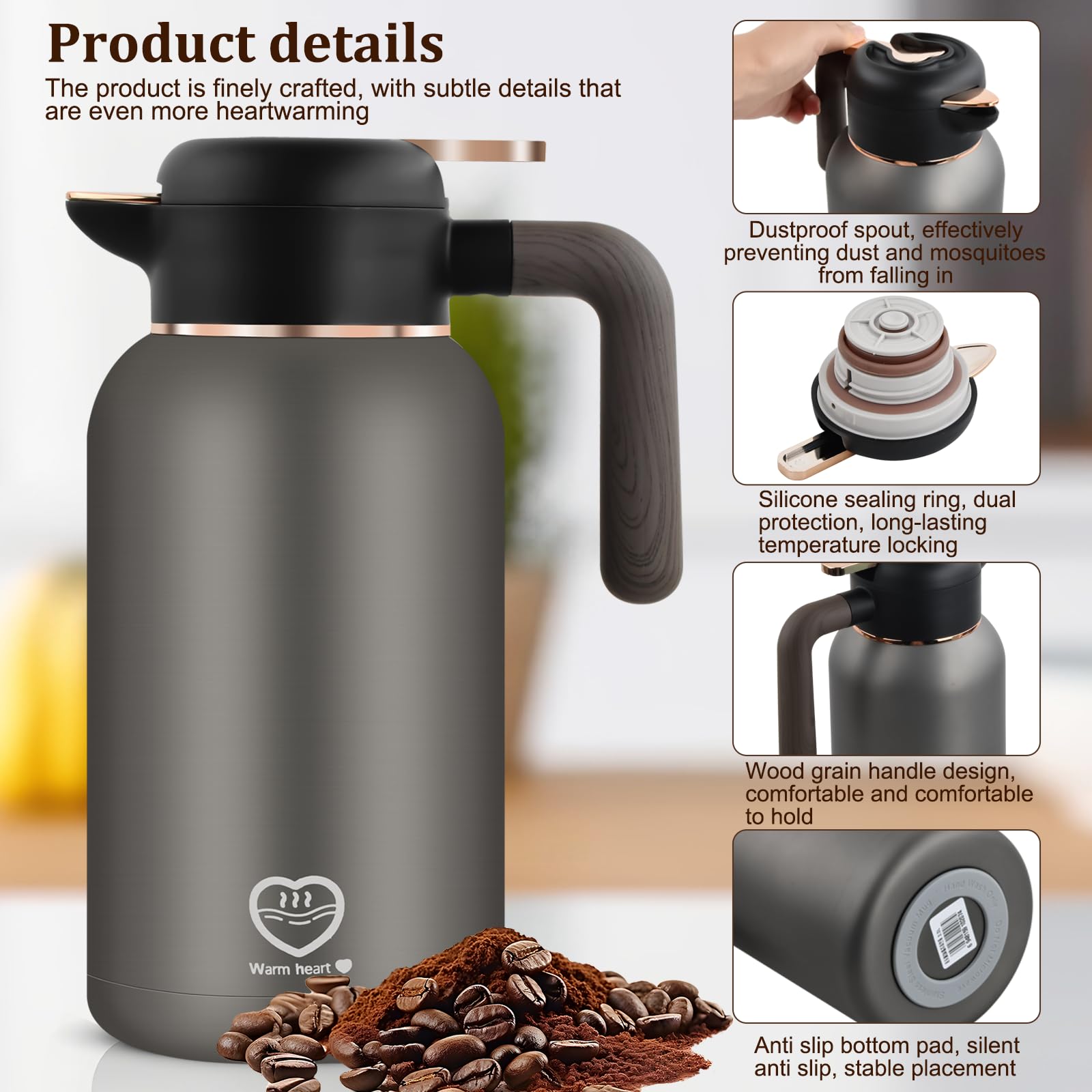 2L Thermoskanne, Kaffeekanne, 24h Heiß, 304 Edelstahl, Ergonomischer Griff, Kaffeekanne Thermo, Isolierkanne Ideal für Kaffee oder Teekanne