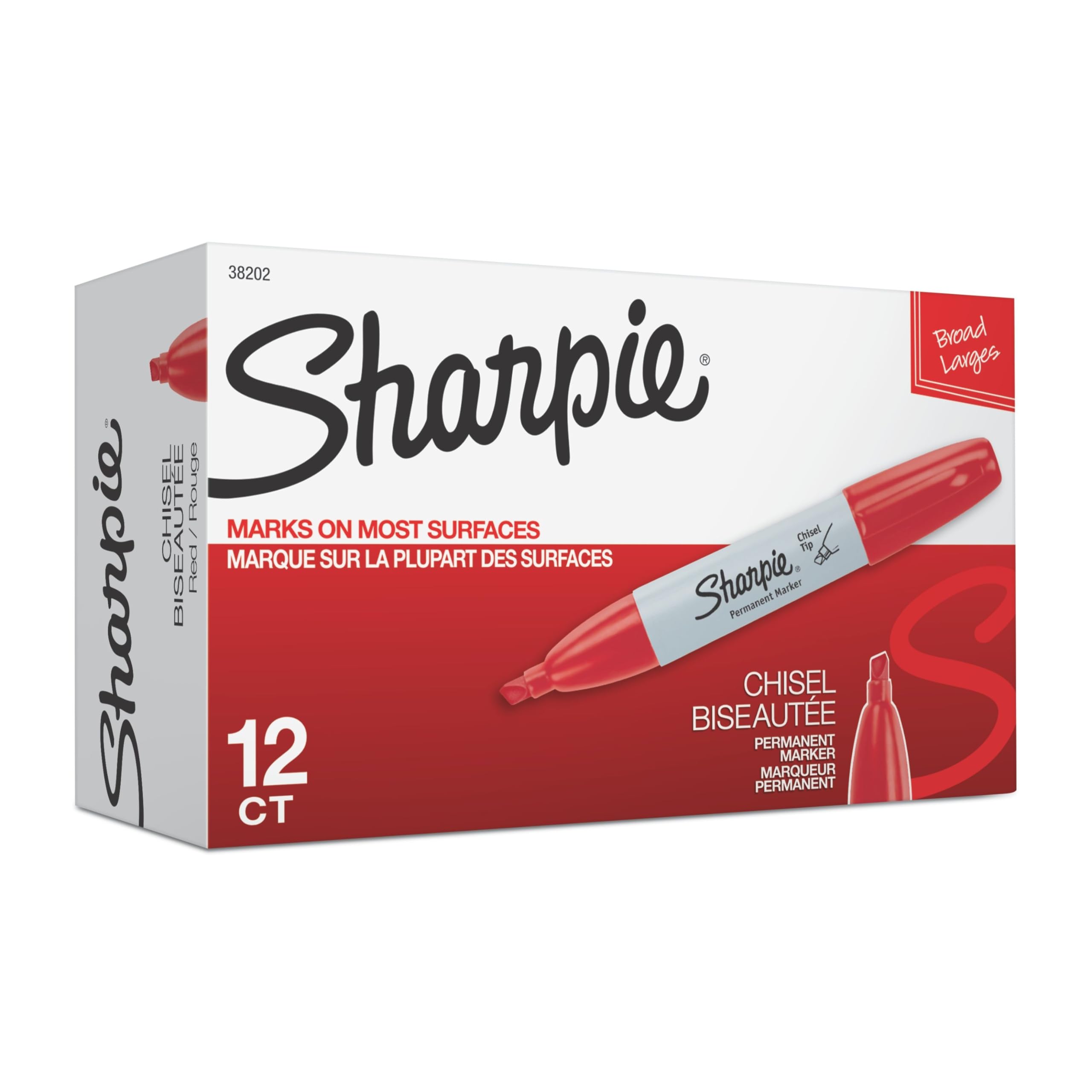 SharpiePermanent Markers, Chisel Tip, Red, 12 Count