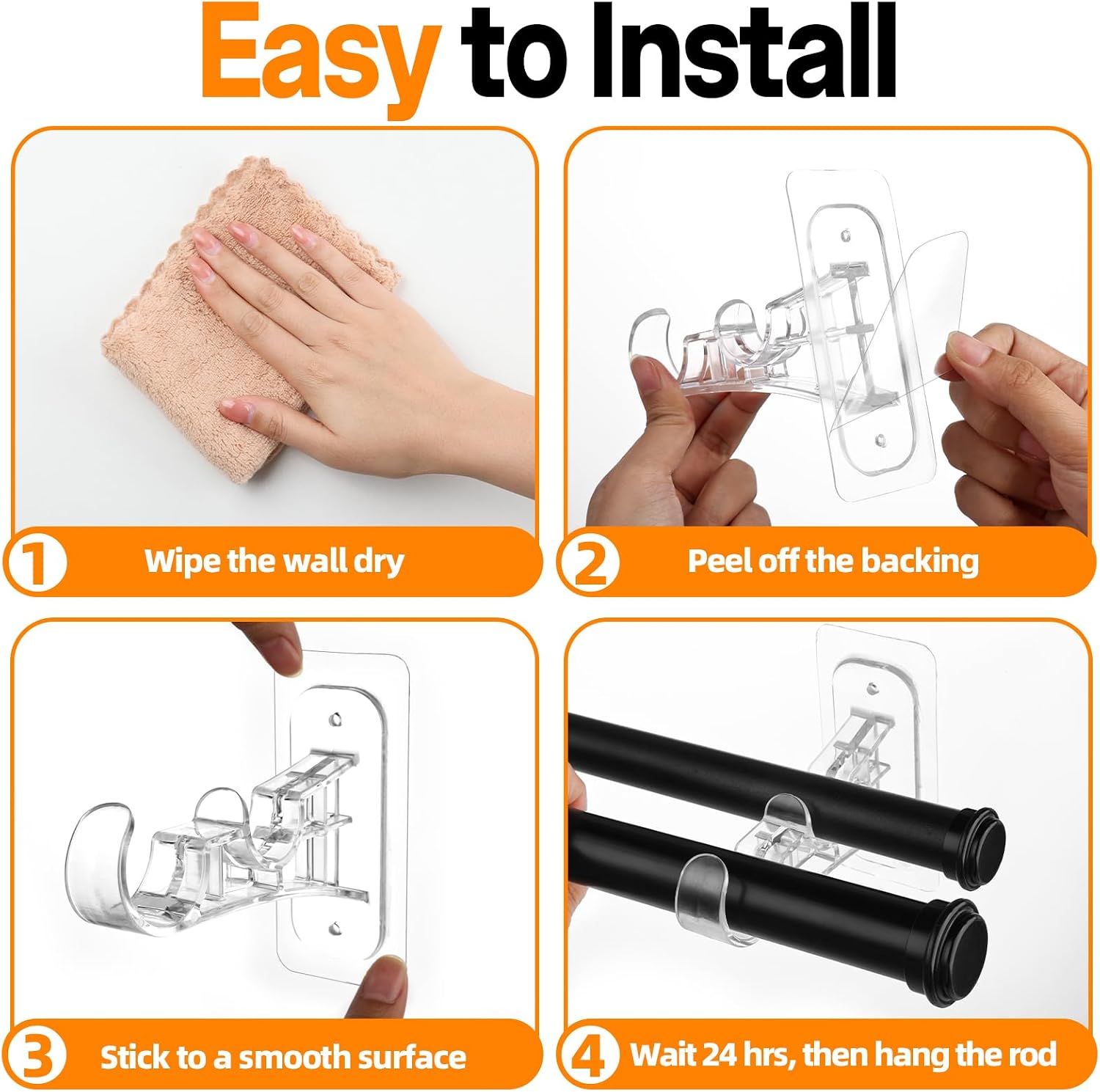 Antimbee 6-Pack Double Curtain Rod Bracket, Adhesive No Drill Curtain Rod Holders, Double Brackets Hooks Easy Stick on, No Drilling Nail Free Pole Hanger for Bathroom, Living Room, Kitchen