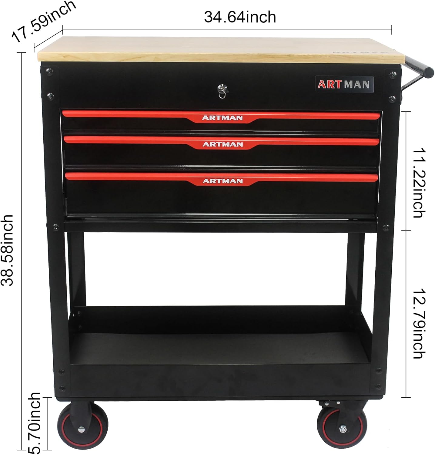 3-Drawer Steel Toolbox, 38.58" Multifunctional Tool Trolley with Wheels and Wooden Top Tool Cases for Tools Storage, Sliding Metal Organizer w/Lockable Drawers for Warehouse, Garage - Red