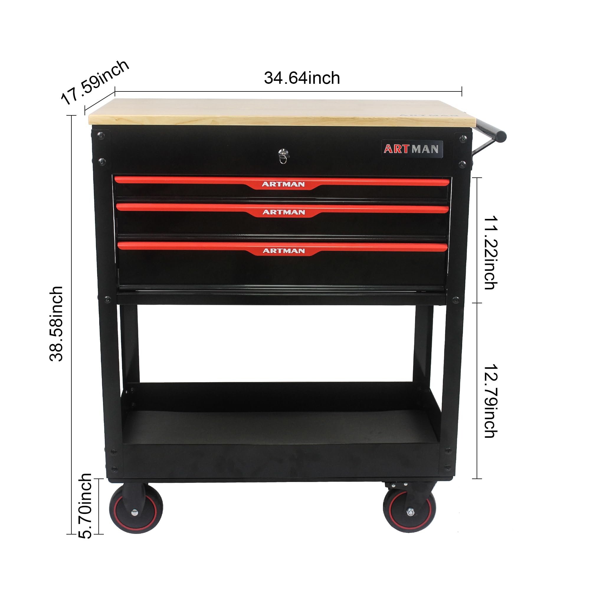 OFLILAK 3 Drawers Multifunctional Tool Cart, with Wheels and Wooden Top Tool Cabinet, Tool Storage Organizer Cabinet Wrench Holder Tools Packaging Garage Organizer Tool Cabinet, Red