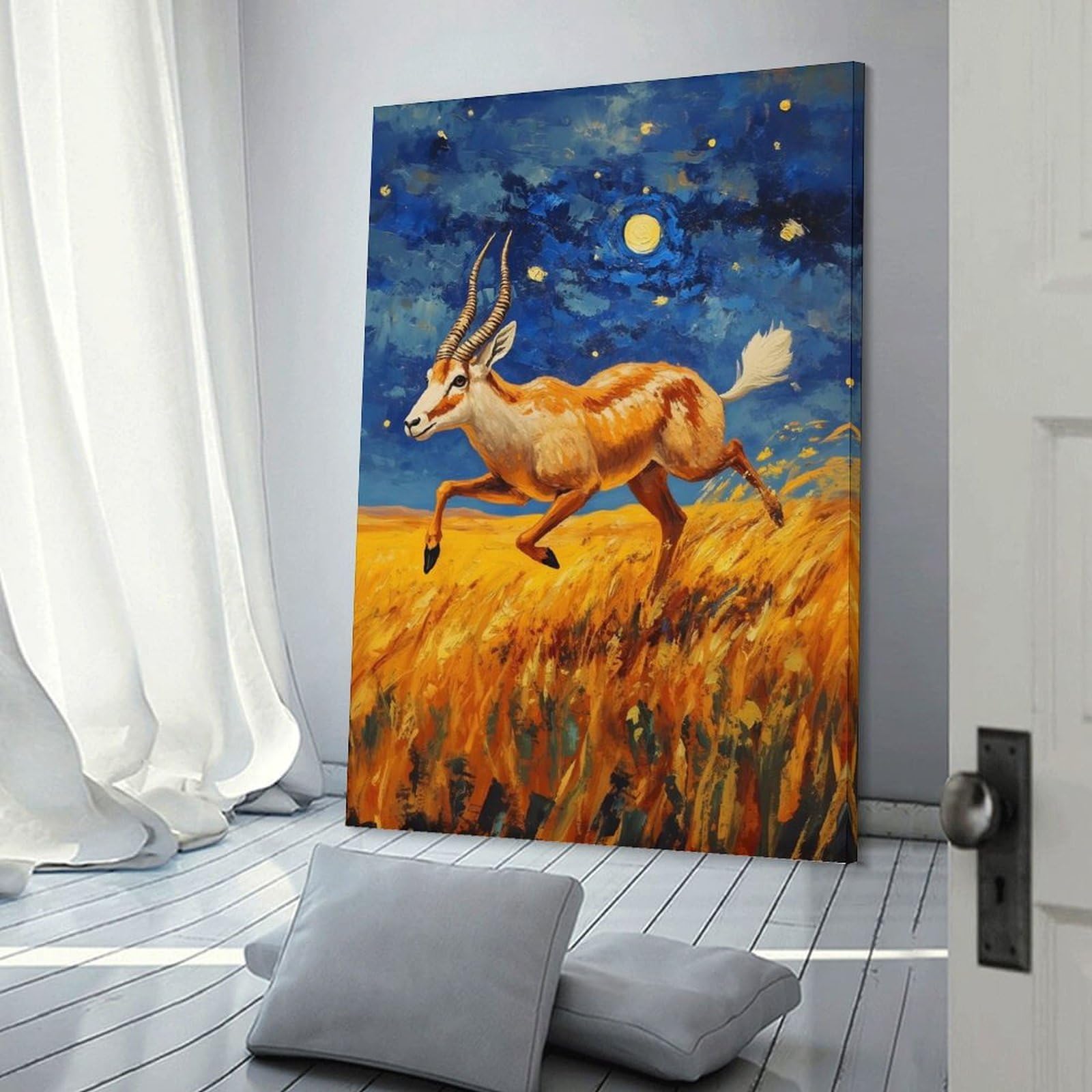 Junmoney Antelope Running Under Starry Night Painting Wall Picture Print 24x36inch(60x90cm), for Bedroom Decor, Cosy Corners Or Studios, Home Artwork with A Soft Interior Feel