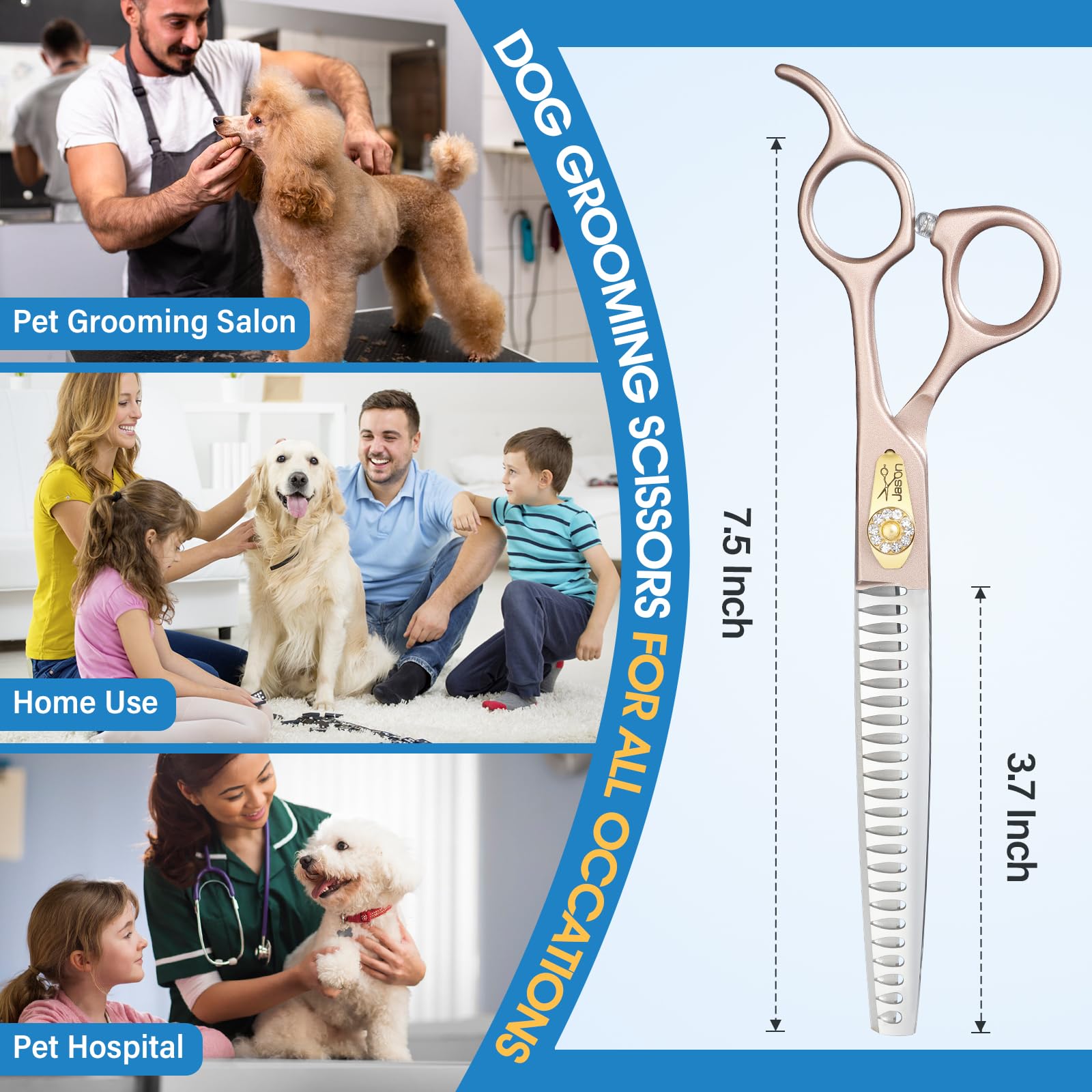 JASON Ciseaux Professionnels pour Chiens 7.5 Pouces 24 Dents Chunker Ciseaux à Effiler Acier Inoxydable Japonais 440C Poignée Ergonomique Or Rose