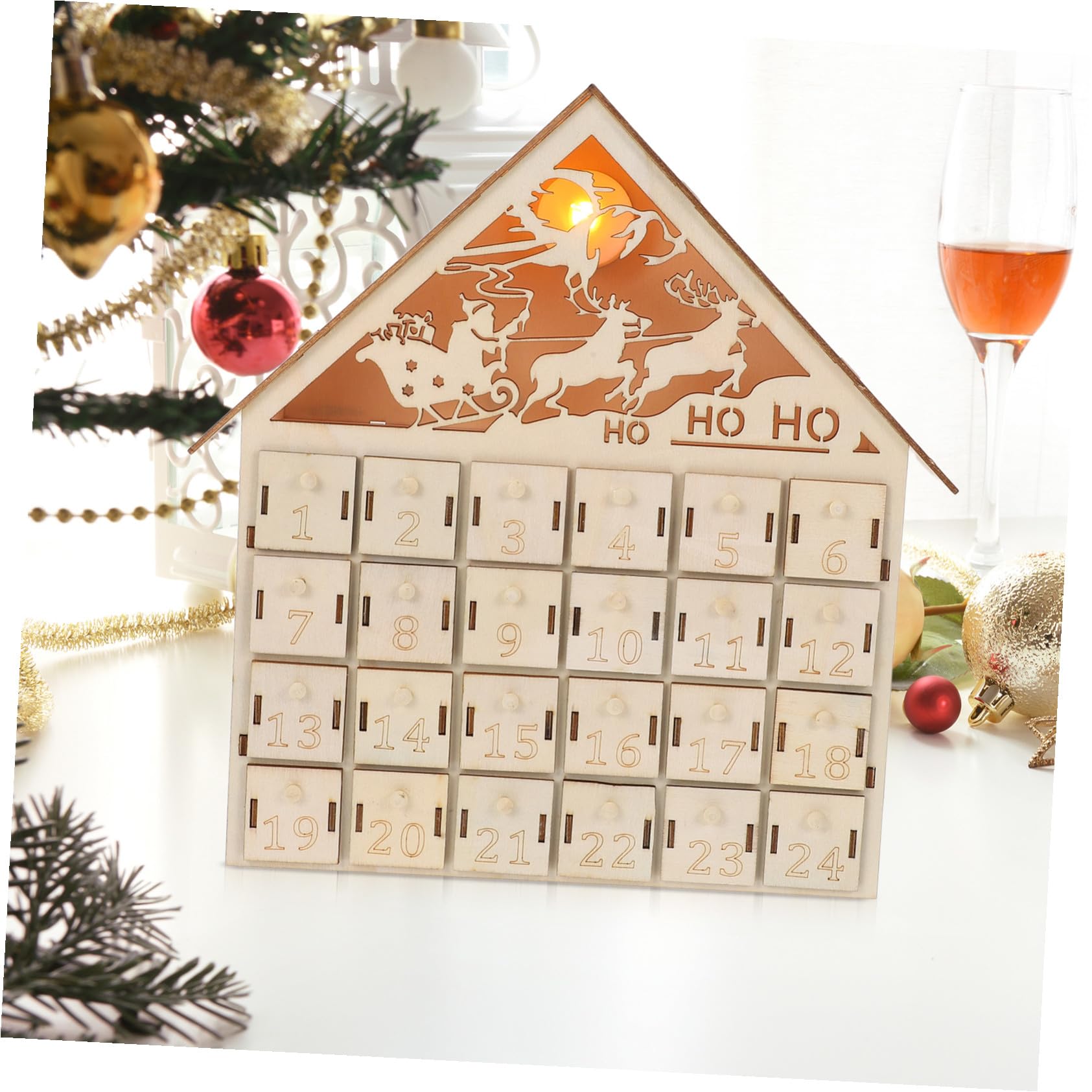 VILLCASE Calendario Avvento Natalizio in Legno con Luminosi LED Calendario Countdown Natale Ricaricabile con Scatole Regalo Decorazione Tradizionale per Focolare per Festa in Famiglia