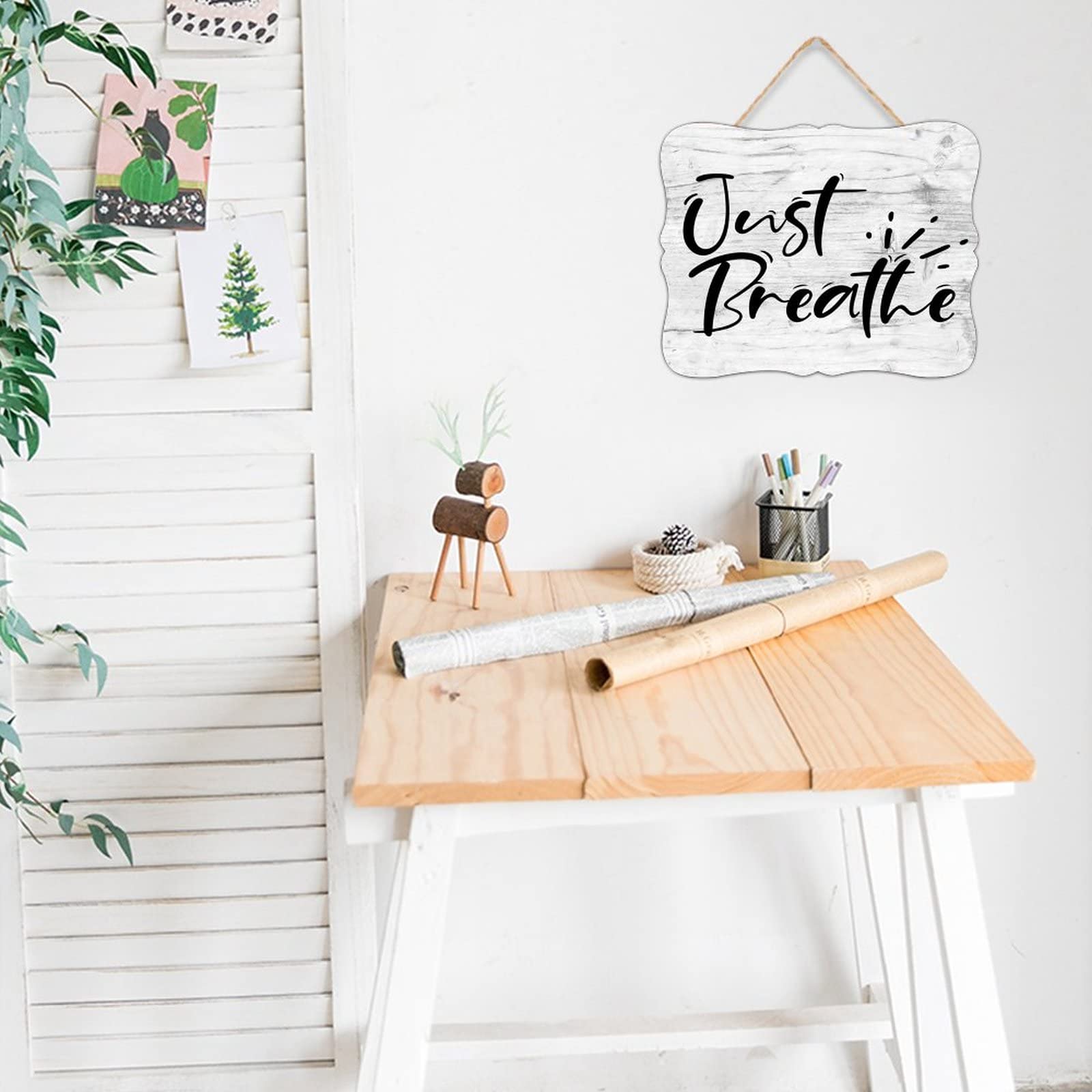 Targa in legno da appendere con scritta Just Breathe in legno verticale, scritta Just Breathe (lingua italiana non garantita