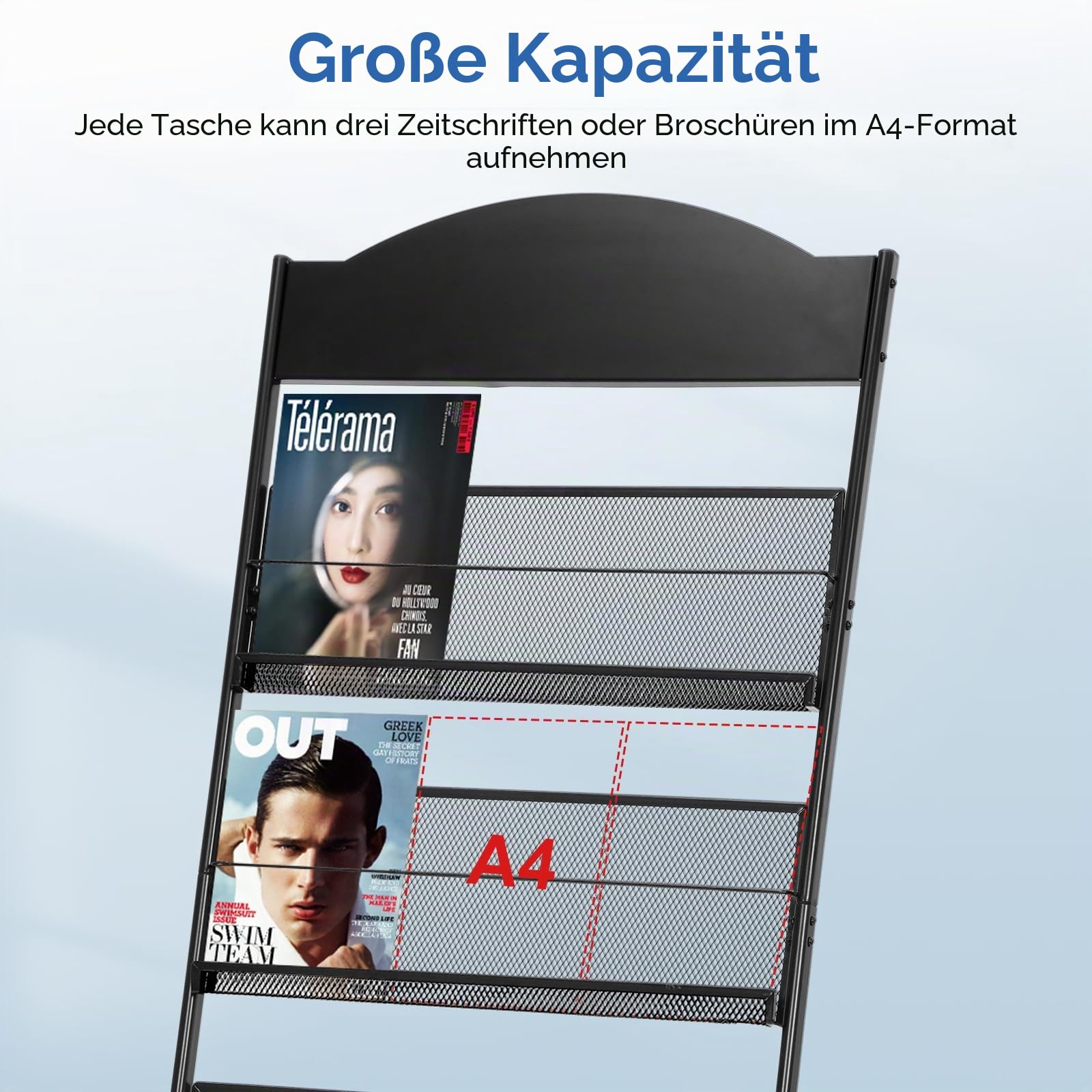 Mobiler Prospektständer Zeitschriftenständer mit 4 Etagen, Metall-Prospekthalter für Magazine- Schwarz