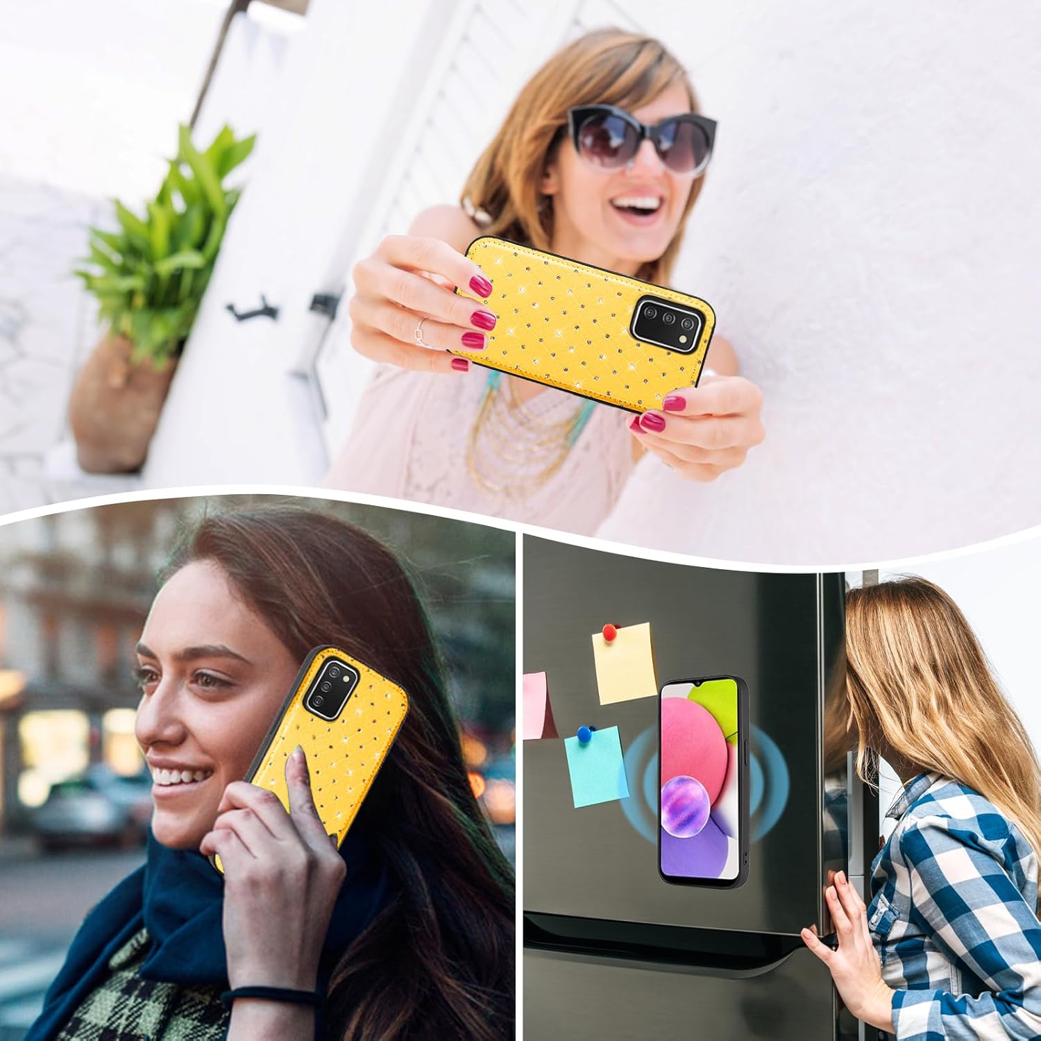 Compatible with Samsung Galaxy A03s US Version 5G 2022 Wallet Case Zipper Cell Screen Protector Crossbody Strap Glitter Flip Card Holder Phone Cover for Ao3s A 03s SM-A037U SM A037U Women Yellow