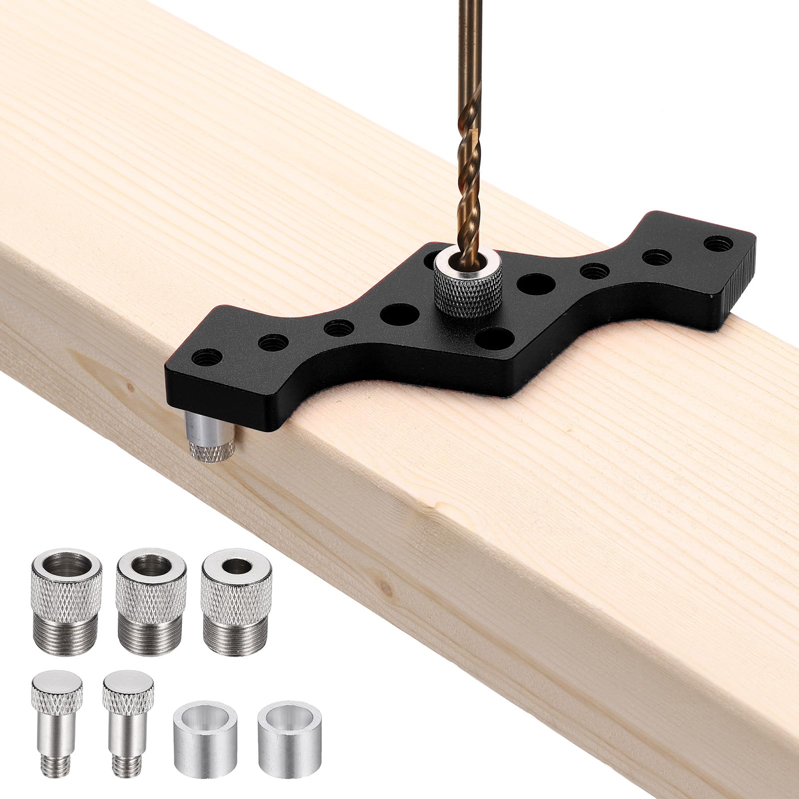 sourcing map Floating Shelf Bracket Dowel Jig Kit, Aluminum Alloy Self Centering Straight Punching Hole Drill Guide, DIY Woodworking Tool Doweling Jig for Shelves Cabinet Furniture, Black