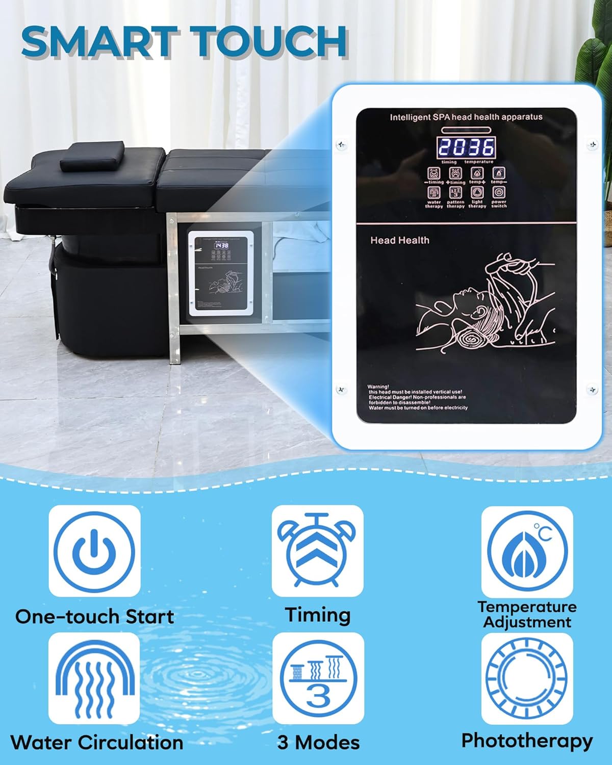 Head Spa Bed Head Spa Equipment with Steamer & Water Circulation System, Shampoo Bed Scalp Care Massage Table for Barbershop, Salon Station, Massage Parlor