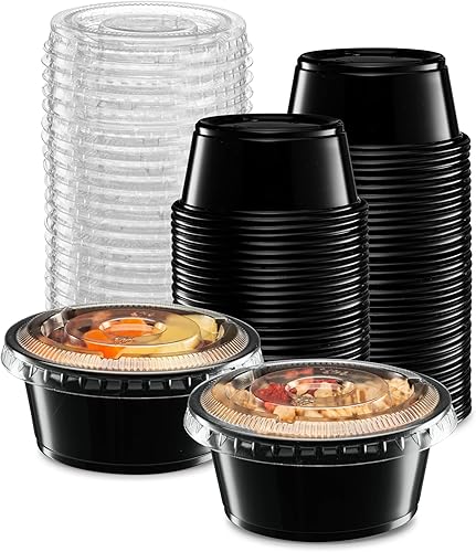 3.25 oz  100 juegos Vasos de plástico sumergibles negros con tapas, pequeños recipientes para control de porciones, chupitos de gelatina,