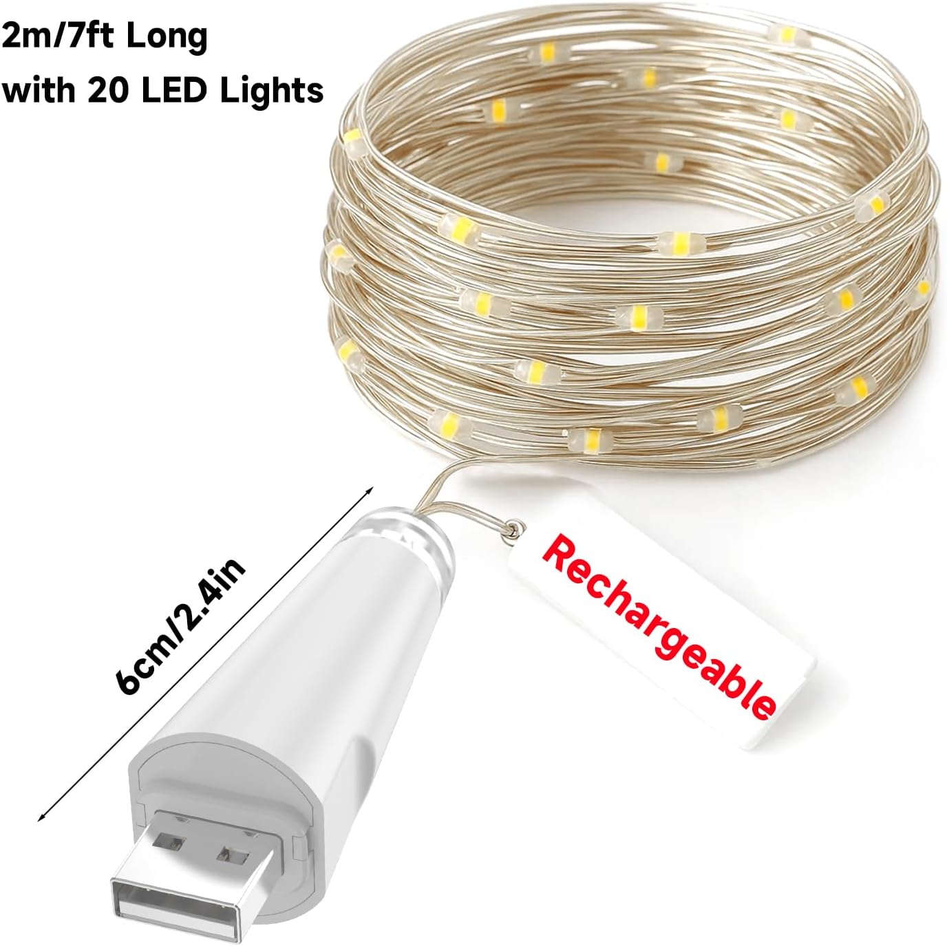 Rechargeable Fairy Lights - 7ft 20 LED String Lights, USB Rechargeable Battery Operated Twinkle Light for Mason Jars Wedding Decor Centerpiece Table Decorations Christmas - Image 2