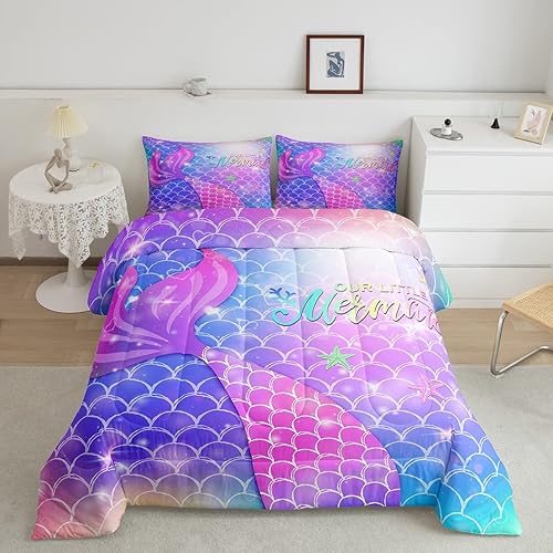Juego de edredón de sirena para niñas, juegos de edredón de escamas de pescado, juego de ropa de cama de arcoíris con purpurina para niños,