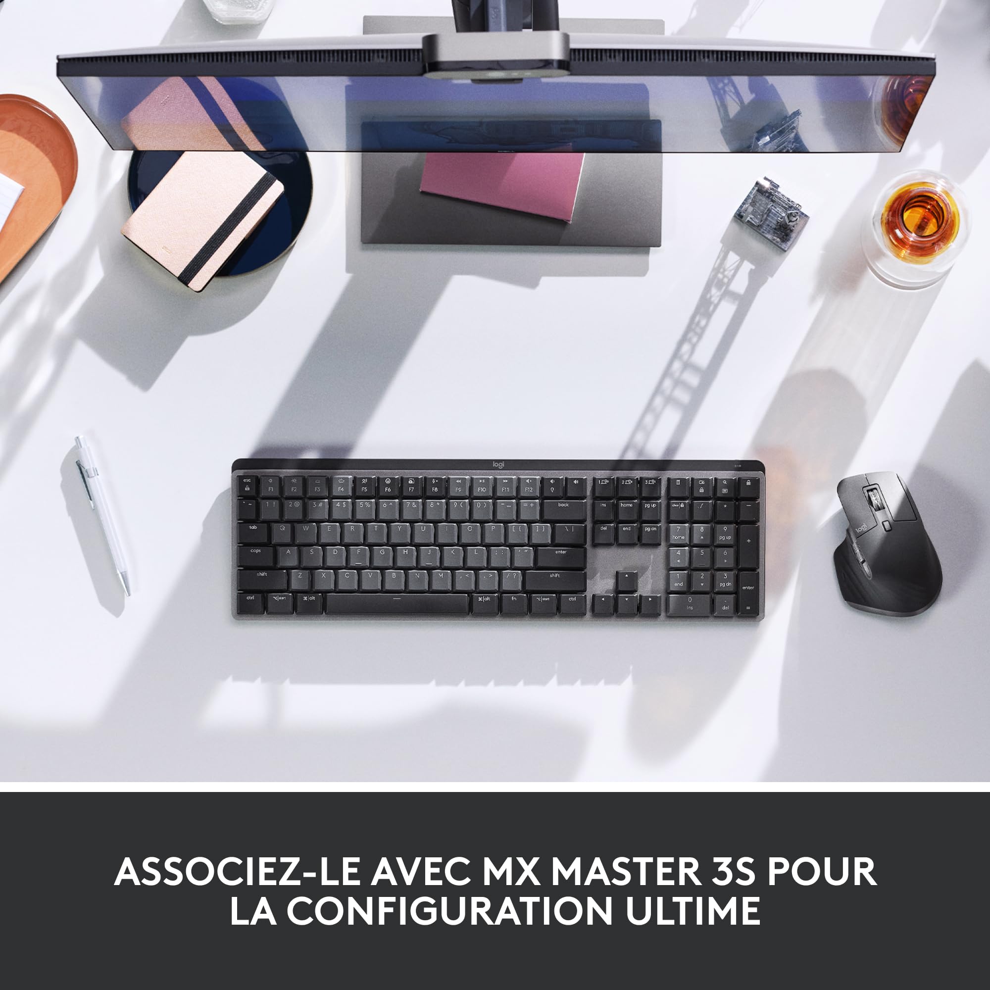 Logitech MX Mechanical Clavier sans Fil Rétroéclairé Performant, Boutons Tactiles Silencieux, Rétroéclairage, Bluetooth, USB-C, macOS, Windows, Linux, iOS, Android, Métal, Français AZERTY - Gris