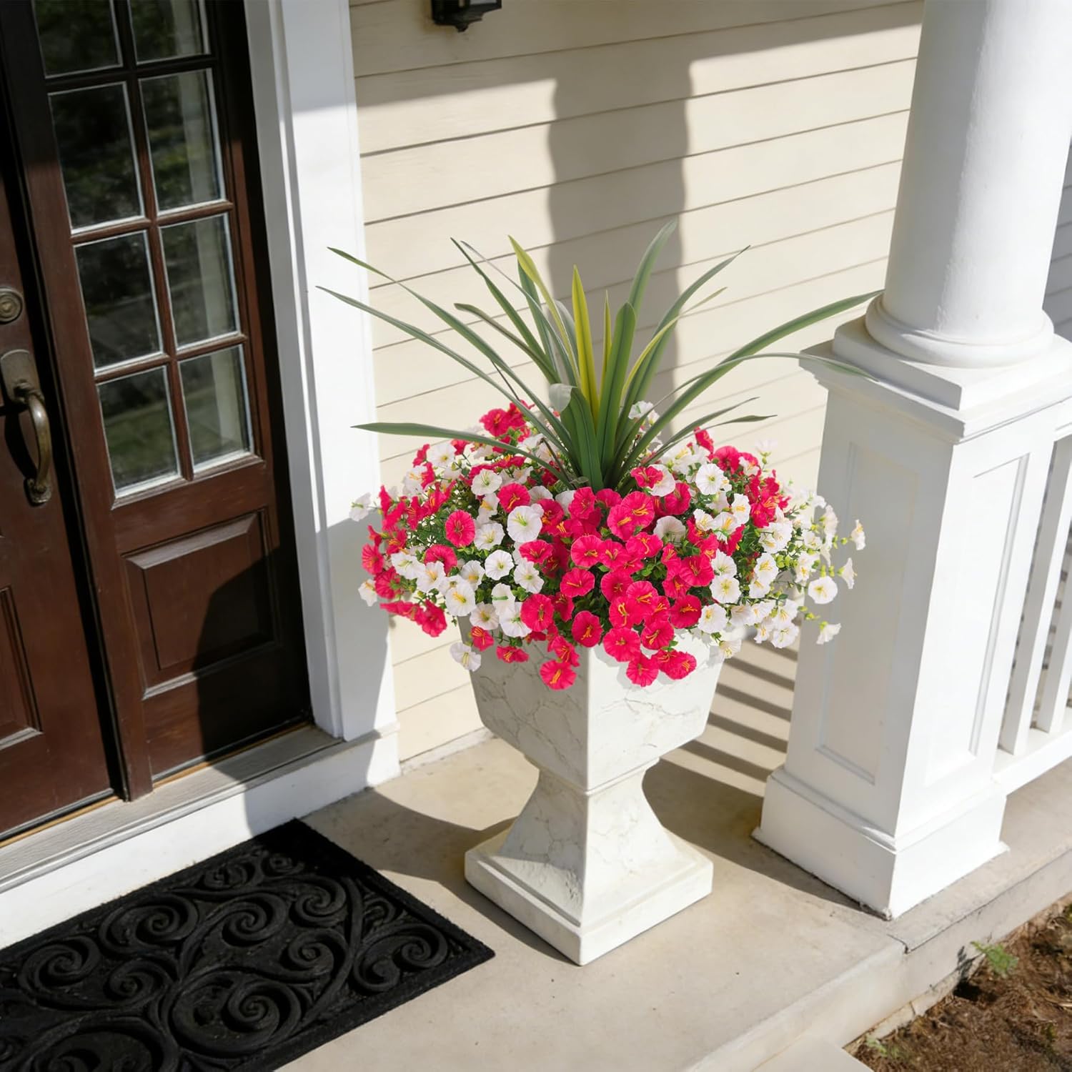 Artificial Flowers for Outdoors Fake Plants Outside, 12 Bundles Silk Morning Glory with Eucalyptus + Orchid Leaf UV Resistant Realistic Faux Flowers for Porch Planter Garden Patio (White Fuchsia) - Image 7