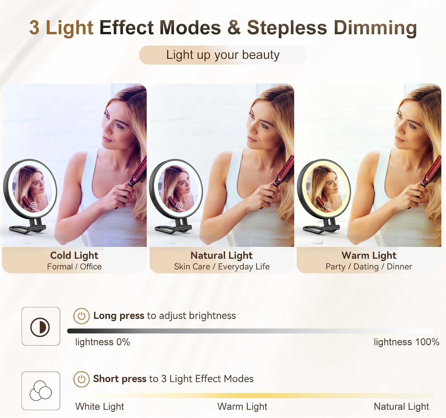 Travel Makeup Mirror with Lights,3000mAh Rechargeable 1X/20X Magnifying Mirror with Light, 7" Portable Lighted Beauty Mirror, Make Up Mirrors with 3 Light Colors, Dimmable Tabletop Handhold Hanging(B) - Image 4