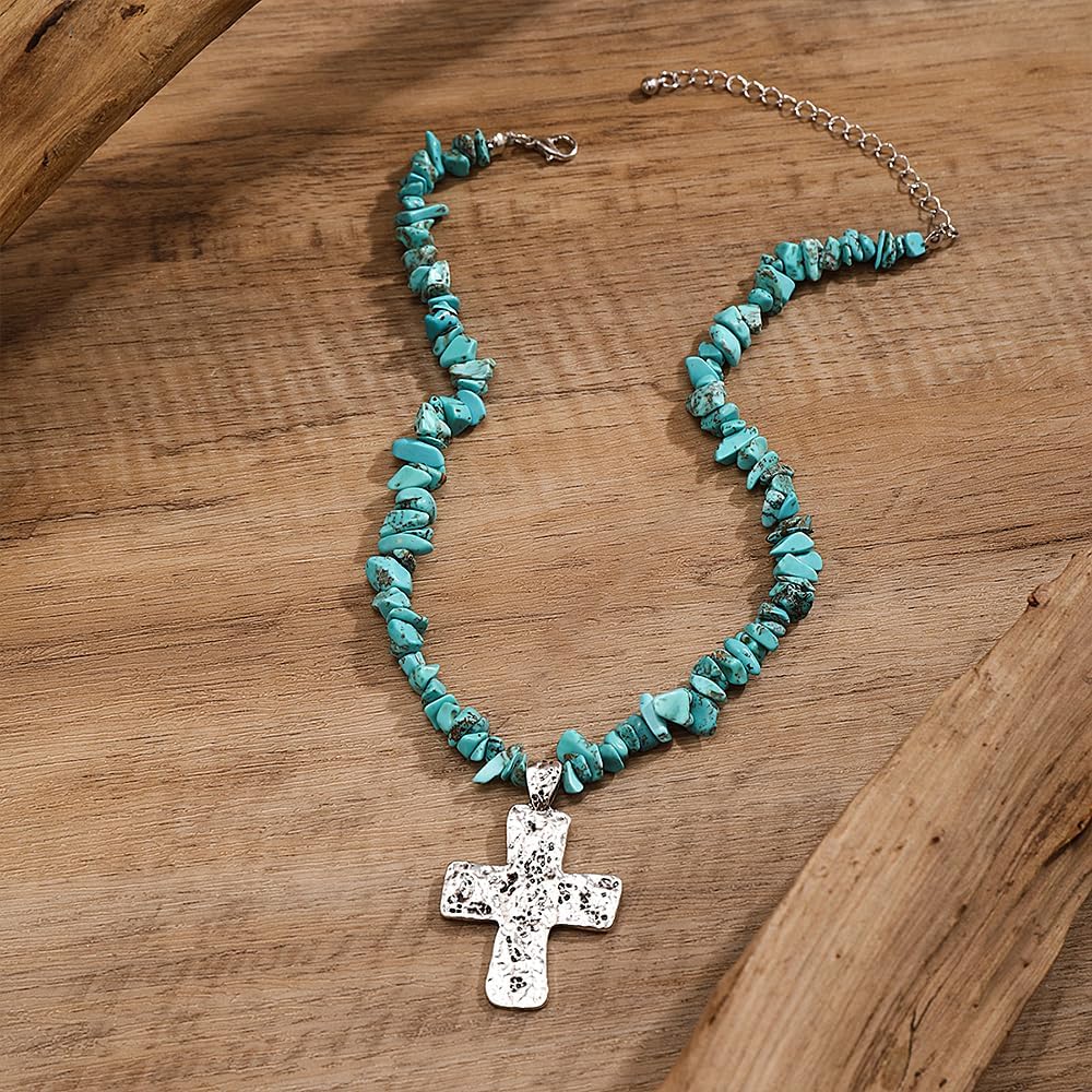 Cross Pendant Turquoise Necklace,Charming Chunky Silver Cross Irregular Stone Choker,Aesthetic Valentine's Day Jewelry Gift for Women - Image 5