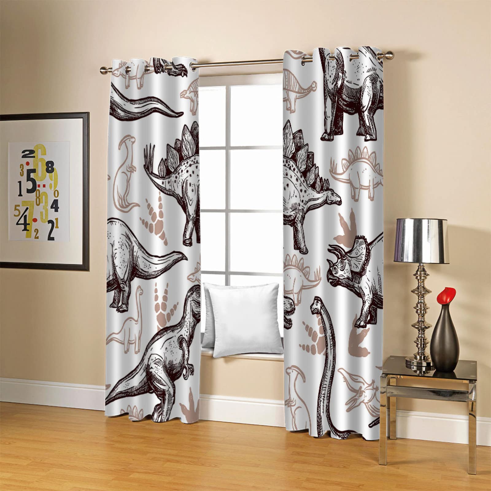 Enfant Rideau occultant Dinosaure 2 x L 70 x H 160 cm 2Panneau Polyester Rideaux à œillets Isolants Isolé Thermiquement pour Chambre