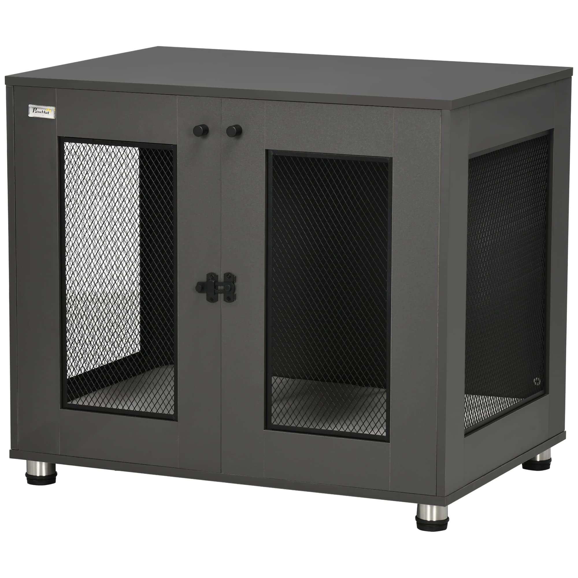 PawHut Jaula para Perros Mesa Auxiliar 80x55x70 cm Mueble Perrera con 2 Puertas con Pestillo Cojín de Tela Oxford Extraíble y Rejillas de Acero para Interior Gris