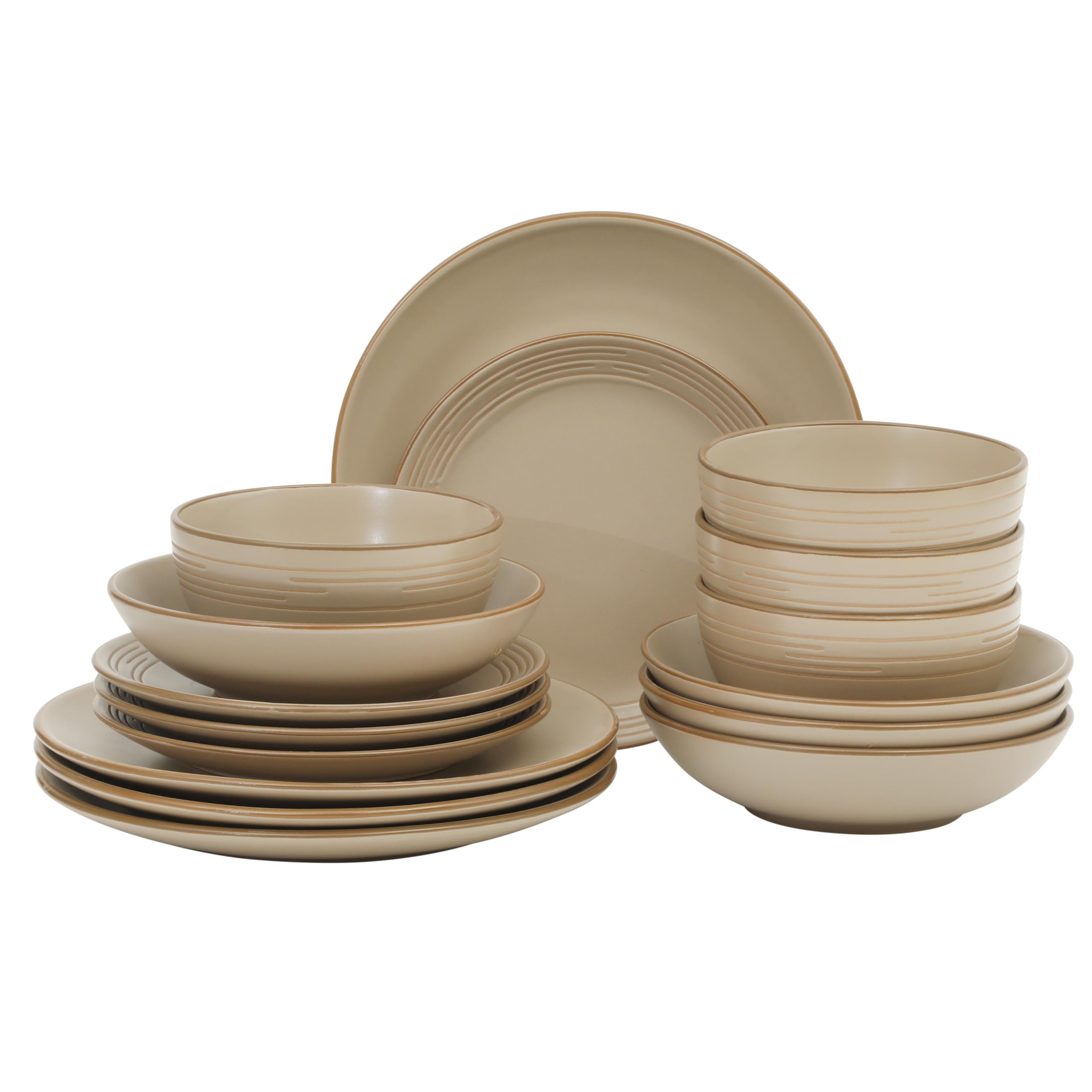 Chiswick House 16-Piece Stoneware Dinnerware Set, Round Plates and Bowls Set for 4, Beige with Wax Relief Embossed Rim Detail, Dishwasher Safe – Dinner Plate, Salad Plate & Cereal Bowl