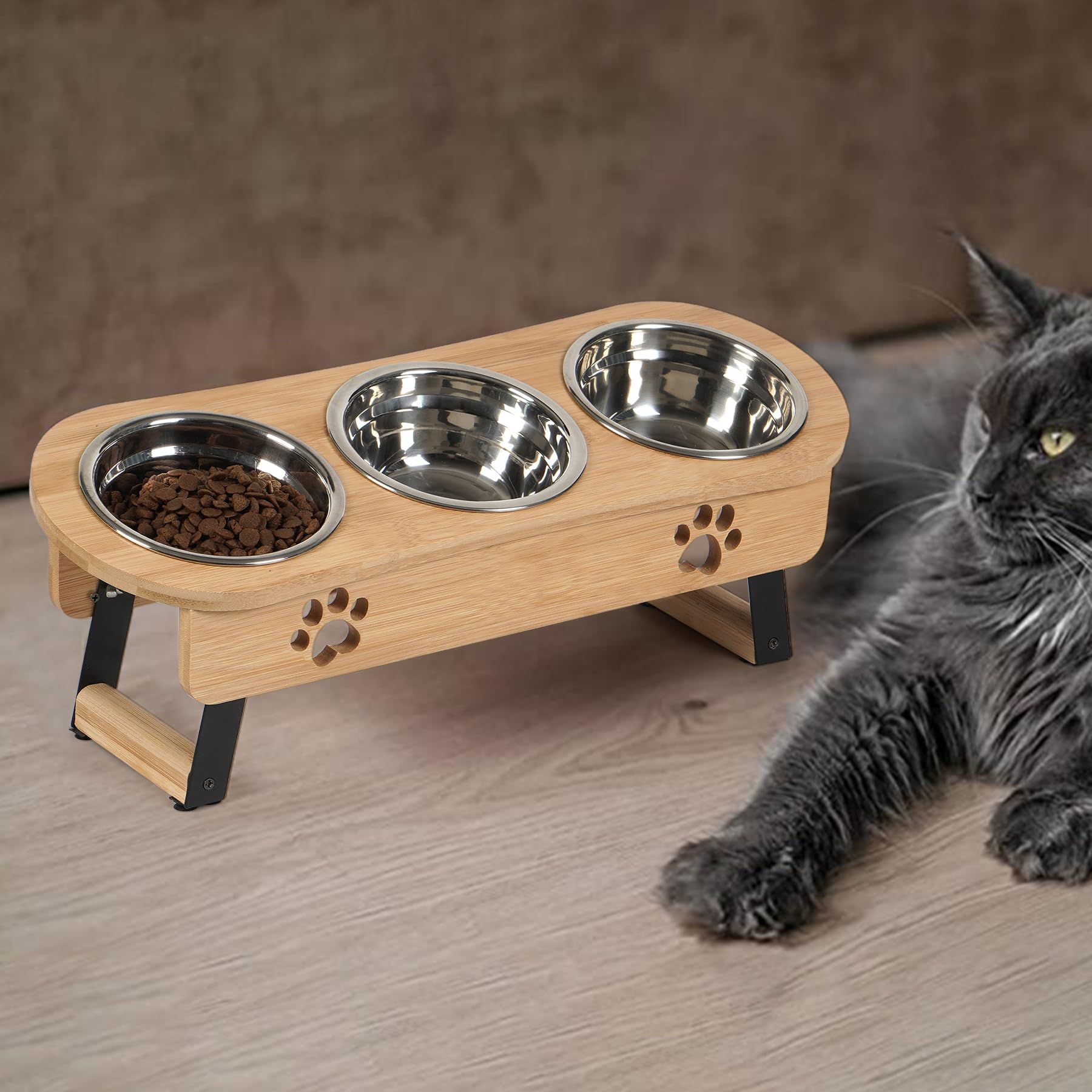 Futternapf Katze Erhöht - Futterstation Katzen 3er Set Näpfe Erhöht, Katzennapf Höhenverstellbar, Fressnapf Futterbar mit Ständer Edelstahl Näpfe für Wasser Futter - erhöhter Futternapf Katze