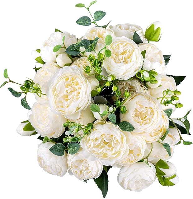 BLOSMON Artificial Flowers Peony Wedding Decorations 4 Pcs Fake Peonies White Silk Flowers for Wedding Table Centrepiece Decorations Faux Bridal Bouquets Floral Arrangements for Home Vase Decor