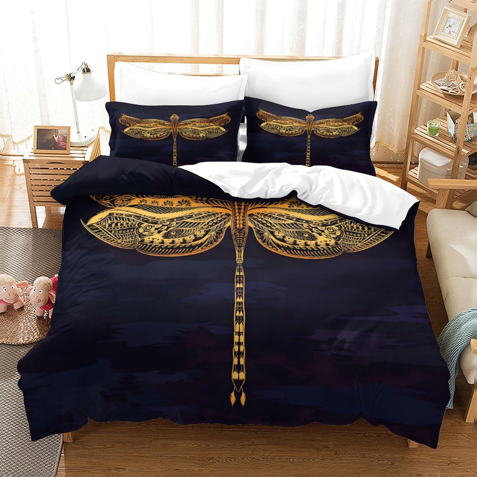LIAOHENKAN Gold Dragonfly 3Pcs Bedding Set for Kids Teens Adults Breathable 3D Comforter Set Ultra Soft Quilt Set with Zipper Closure Room Decor, Easy Care Durable Single（140x200cm）