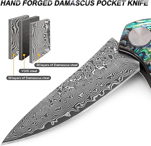 Miniatura 4 de Benkey VG10 Damascus Abalone Seashells Navaja de bolsillo y VG10 Damasco Caza Navaja de Bolsillo Paquetes