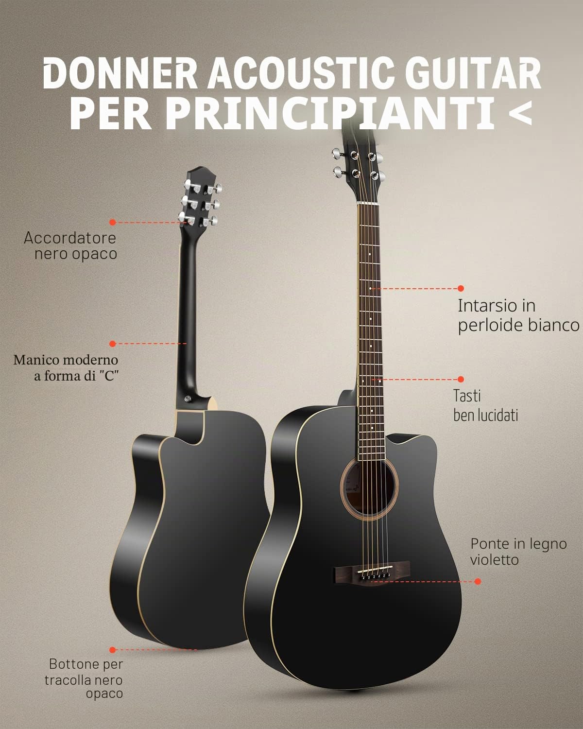 Donner Chitarra Acustica 41 Pollice Dreadnought Kit per Principiante con Custodia Nero