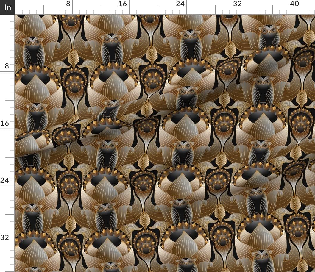 Spoonflower Fabric - Art Deco Owls Vintage Inspired Black Gold Tan Printed on Petal Signature Cotton Fabric by The Yard - Sewing Quilting Apparel Crafts Decor