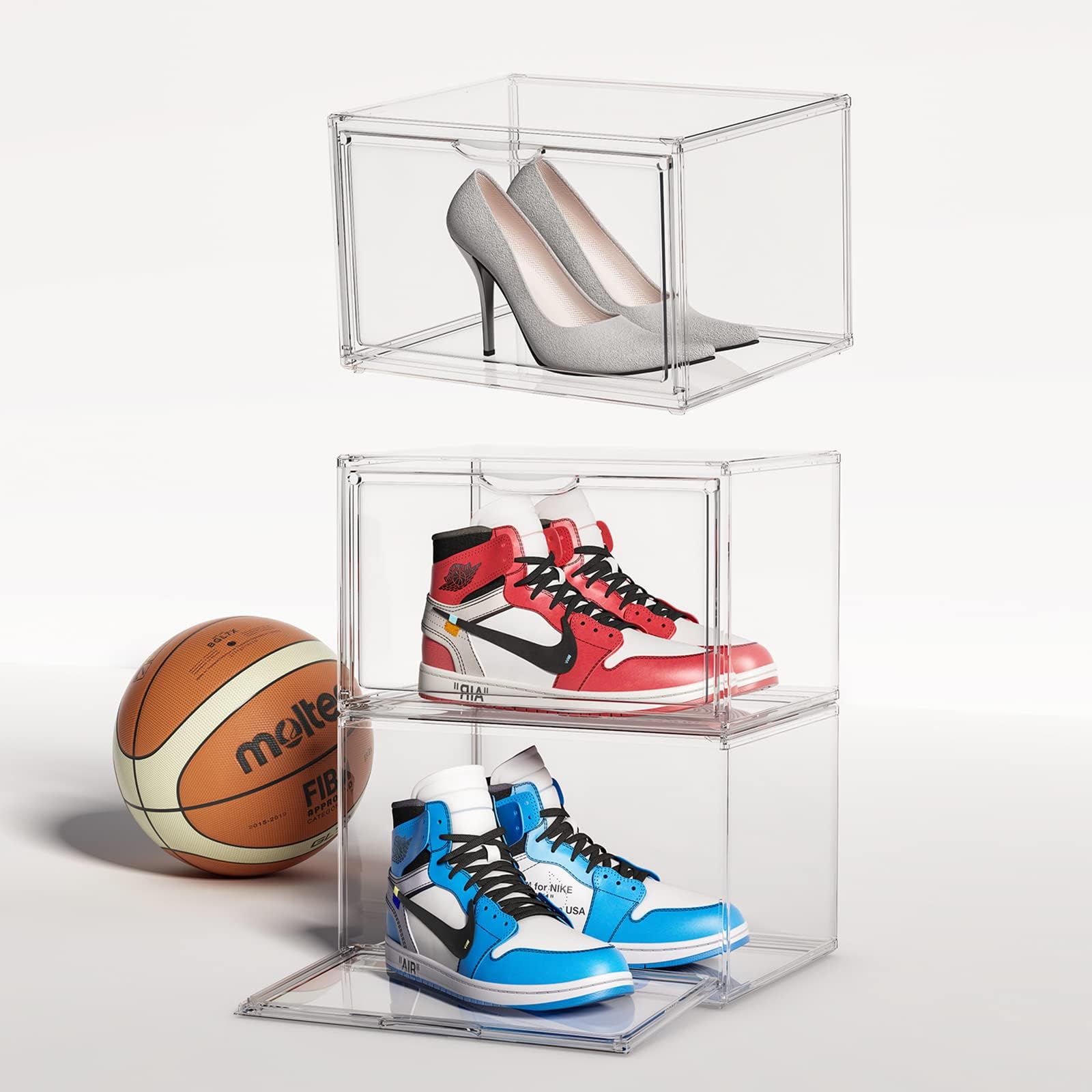 Shoe Rack Storage Closet Organizers And Storage Clear Stackable Acrylic, Sneaker Containers Bins Holders Shoe Organizer Cabinet With Lids, Sneaker Hangbag Display Case,Set of 3, Fit For Size 14