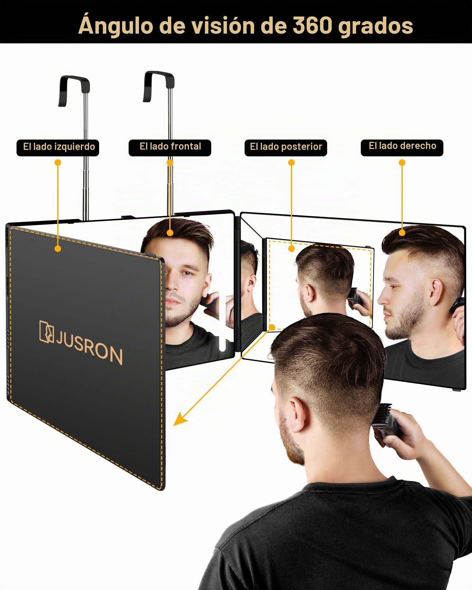 JUSRON Espejo Plegable de 360 Grados, Espejo de 3 Piezas, Corte automático, Altura Ajustable con Gancho Espejo cosmético con Efecto-Negro Mate