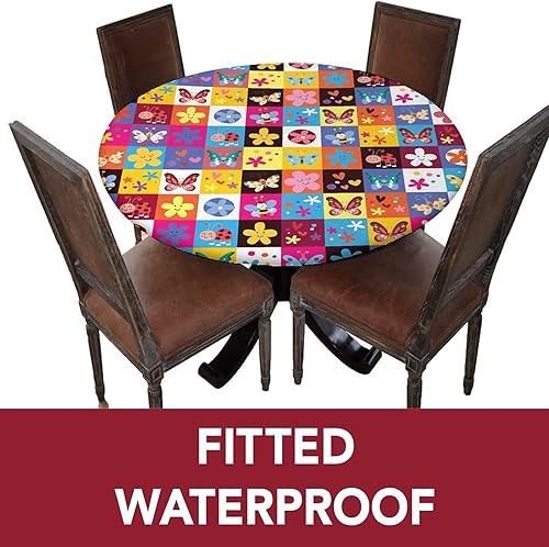 Vista 41 de Mantel redondo abstracto ajustado con borde elástico, estampado de flores, estampado tradicional, de poliéster, se adapta a mesa redonda de 36