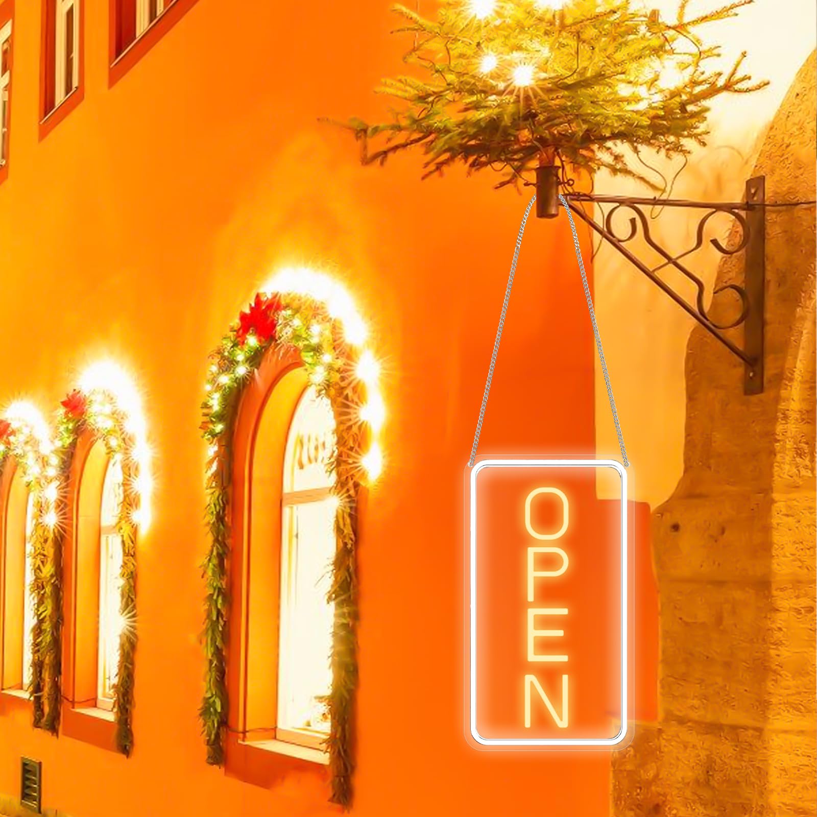 Targa LED Open Neon con adattatore da 12 V on/off, luminosità regolabile, per negozi, bar, salone, negozio e caffetteria, giallo/bianco, segnale al neon sign, 18 x 38 cm, verticale