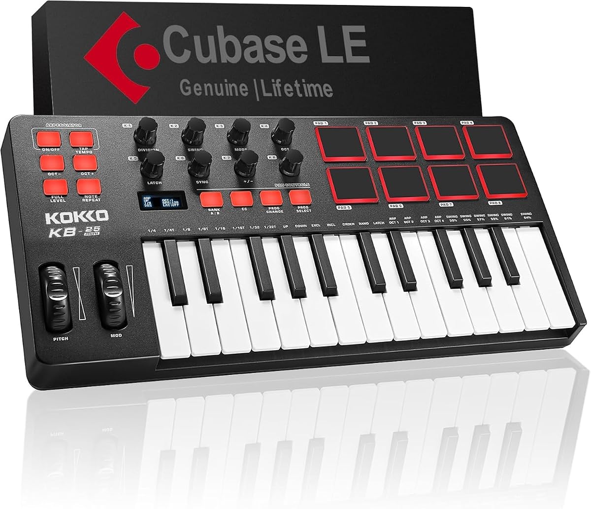 KOKKO MIDI Controller Keyboard, Mini 25 Key With 8 Backlit Drum Pads, 8 Knobs and Pitch Bend Wheel, Modulation Wheel for Music Production, Cubase LE Software Included
