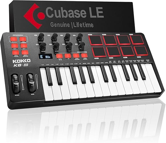 KOKKO MIDI Controller Keyboard, Mini 25 Key With 8 Backlit Drum Pads, 8 Knobs and Pitch Bend Wheel, Modulation Wheel for Music Production, Cubase LE Software Included