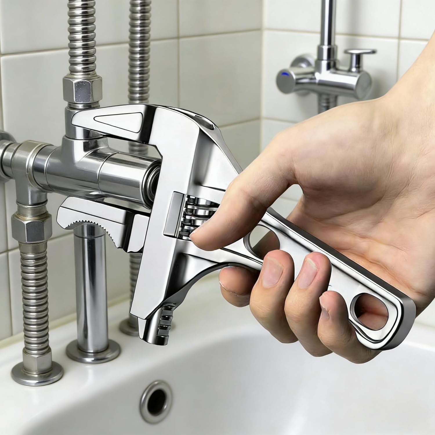 Adjustable Wide Jaw Plumbing Wrench - Silver Short Handle Multi-Purpose Tool for Bathroom Installation & Pipe Repairs