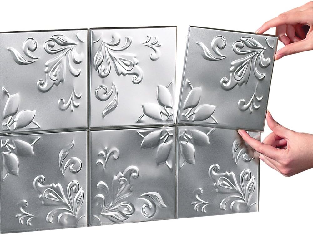 Tin Peel & Stick Raised Floral Pattern Backsplash, Kitchen, DIY Wall Tiles - Set Of 16, Silver: Home & Kitchen