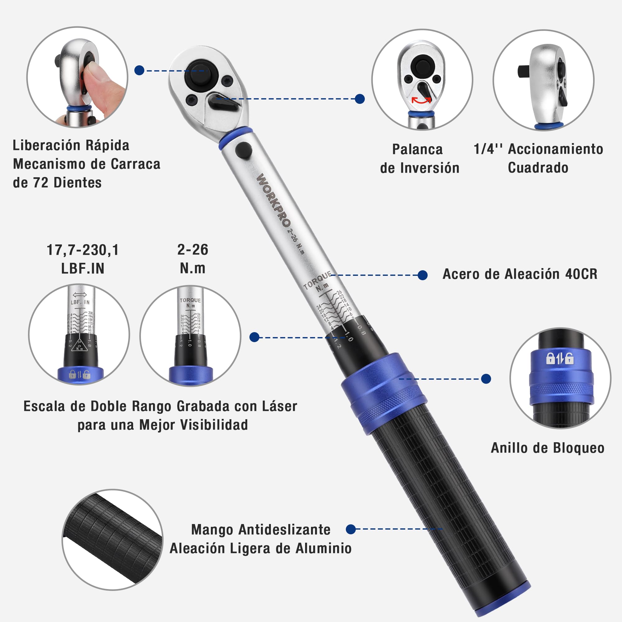WORKPRO Llave Dinamométrica, 1/4", 2-26Nm, 14 Piezas | Precisión de ±3%, Carraca de 72 Dientes con Barra de Extensión para Bicicletas, Motos y Automóviles