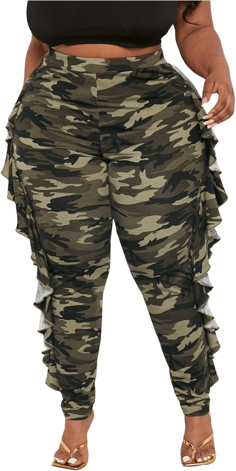 WDIRARA Women's Plus Size Ruffle Camo Print Pants Elastic High Waisted Leggings Skinny Pants