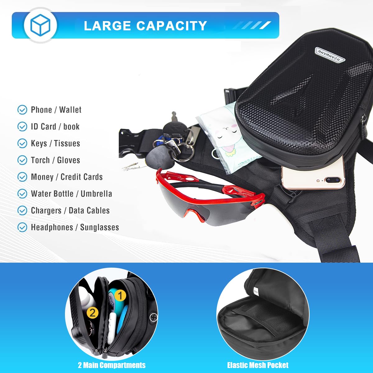 Marsupio Gamba Moto,Borsa Gamba Moto con Due Scomparti Principali per Riporre Oggetti Separati,Cinghie Regolabili per Vita e Gamba per Adattarsi a Diverse Misure Corporee