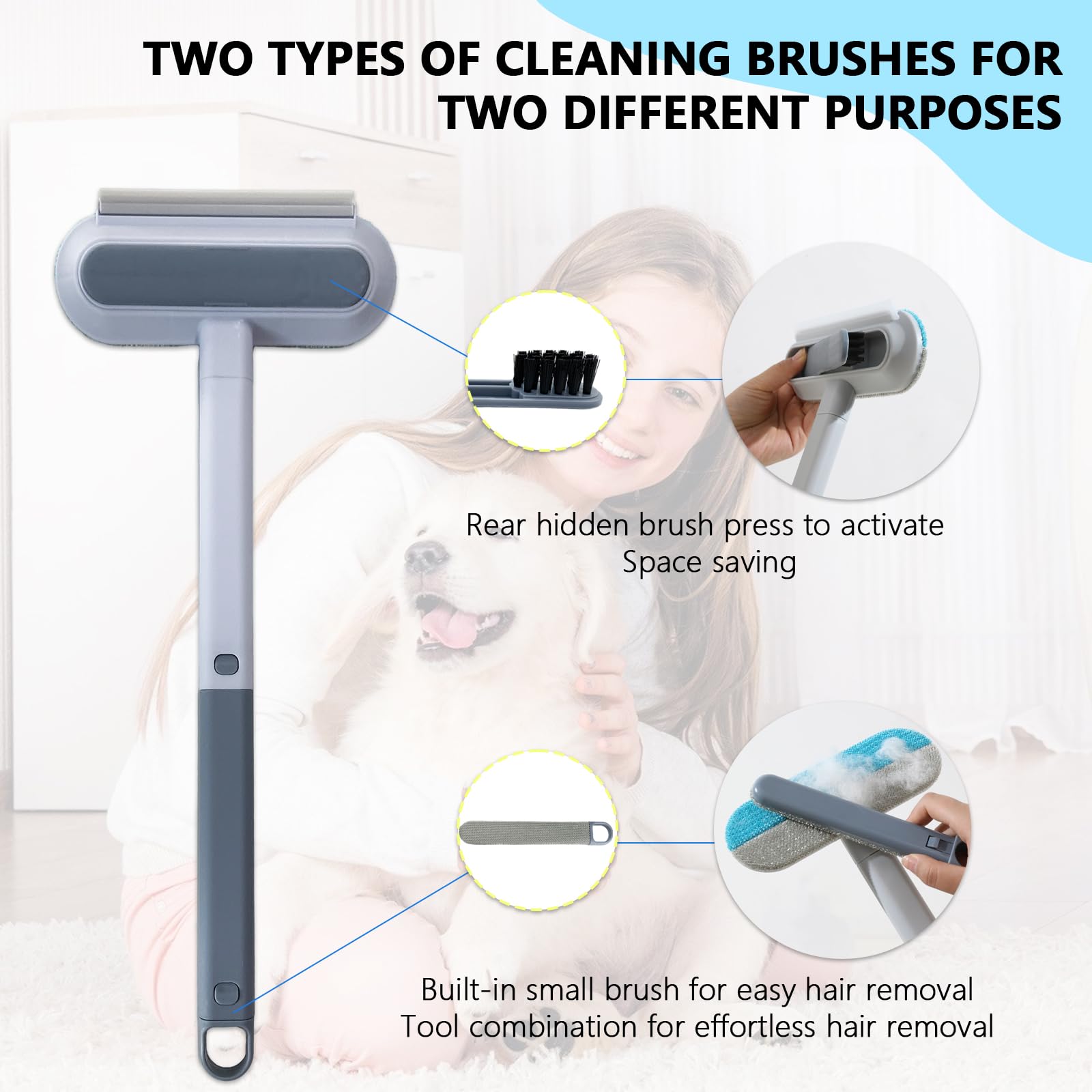 KATLKIU 2-in-1 Pet Hair & Window Screen Cleaner with Long Handle, Multi-Surface Reusable Brush for Sofa Carpet, Clothes - Image 3