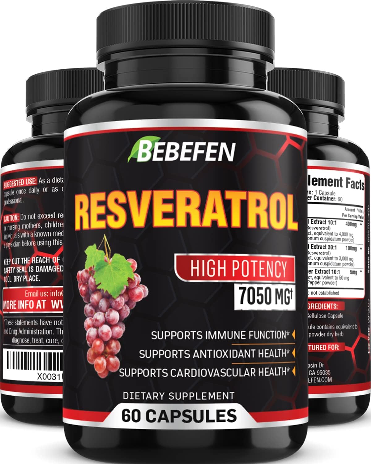 BEBEFEN Resveratrol Supplement - 98% Trans-Resveratrol - 7050mg Formula Pills with Black Pepper Extract - 60 Capsules for Supports Healthy Aging, Cardiovascular and Immune System - 2 Month Supply