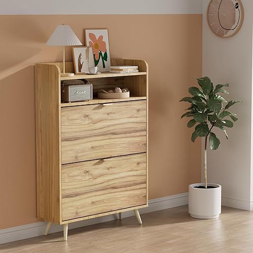 Miniatura 3 de JUNHEDAMAI Zapatero con 2 cajones abatibles, armario de almacenamiento de zapatos para entrada, organizador de zapatos independiente con