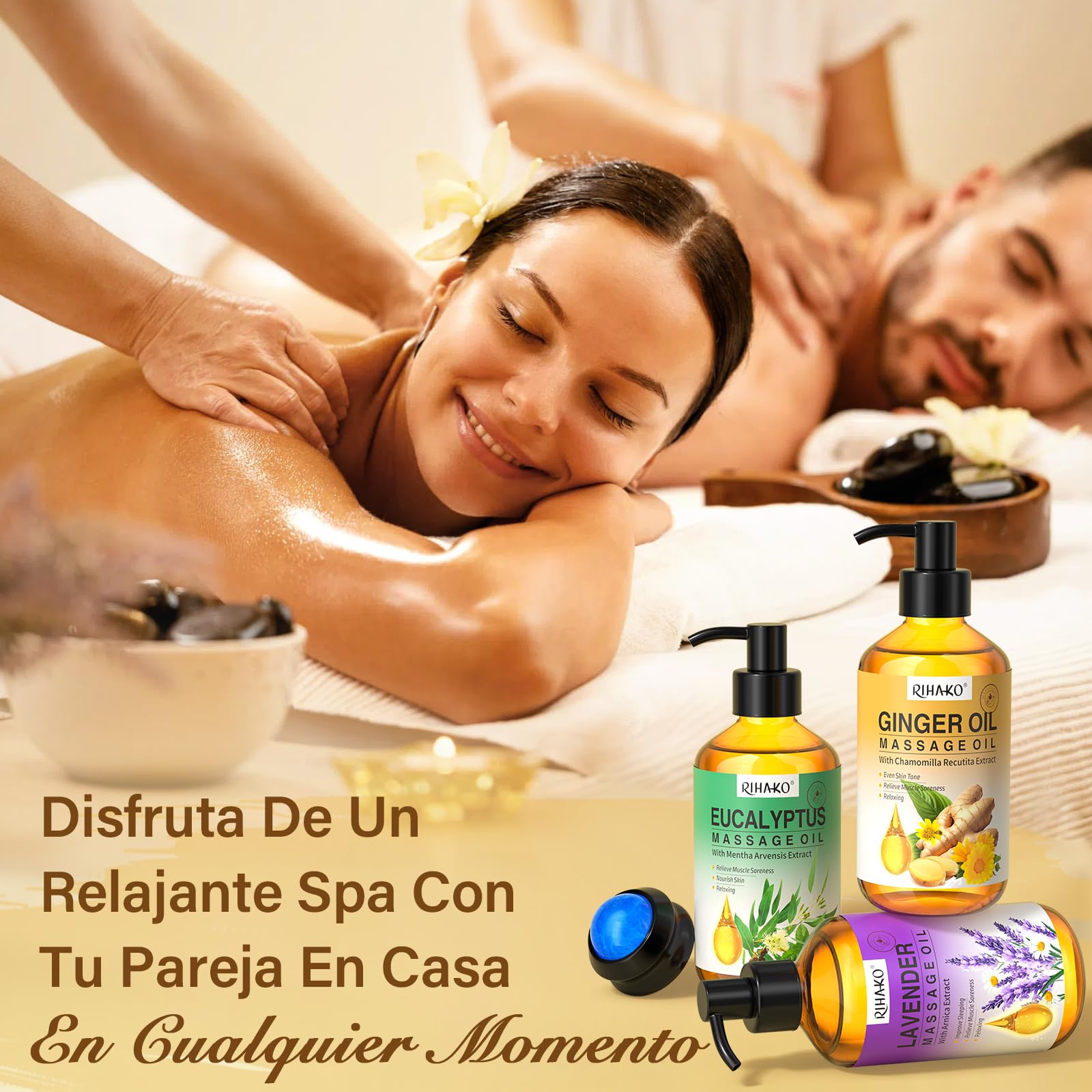 Set de aceites de masaje para terapia de masaje, drenaje linfático, aceite de jengibre, aceite de lavanda, aceites de masaje de eucalipto para músculos doloridos y bola de masaje, 3 x 100 ml