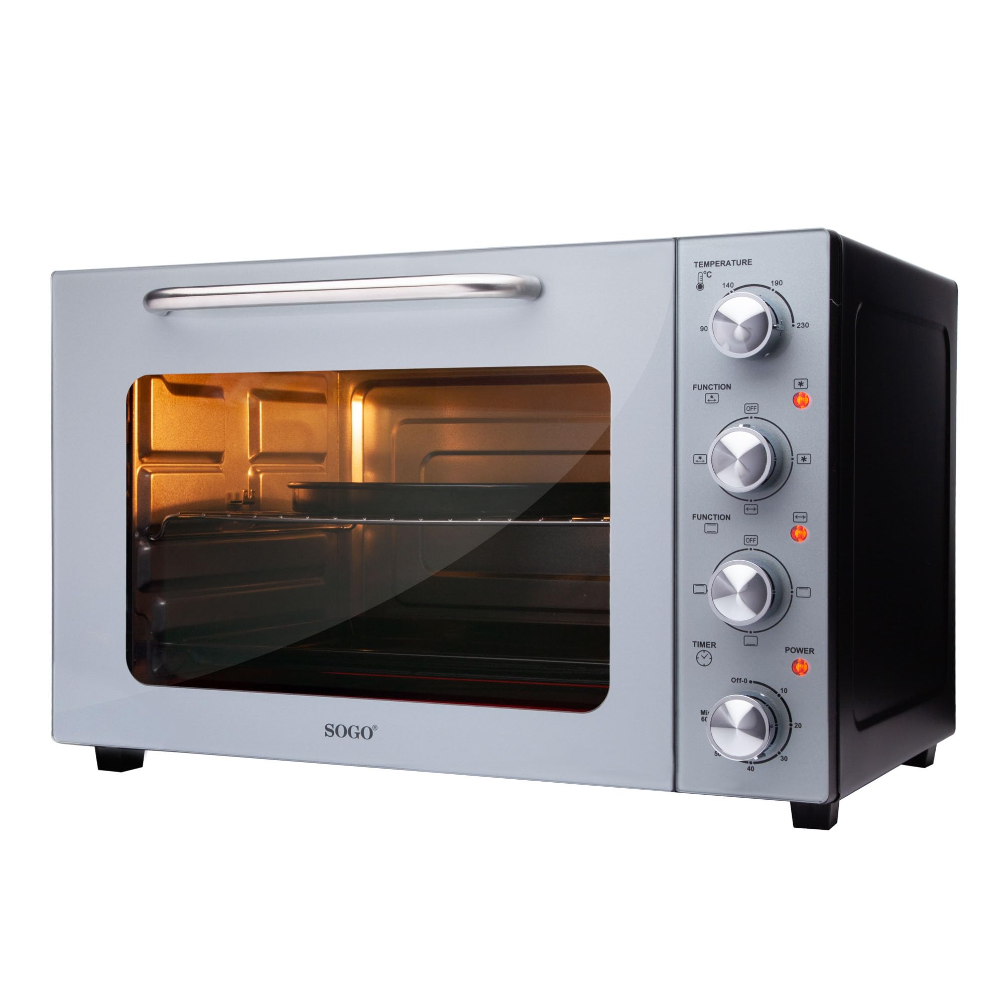 SOGO Horno Eléctrico De Sobremesa 48L Con Convección Y Rustidor 1800W - Horno Portátil Con Doble Vidrio Y Temporizador - Horno Sobremesa 90-230°C 6 Funciones Para Gratinar, Asar Y Hornear