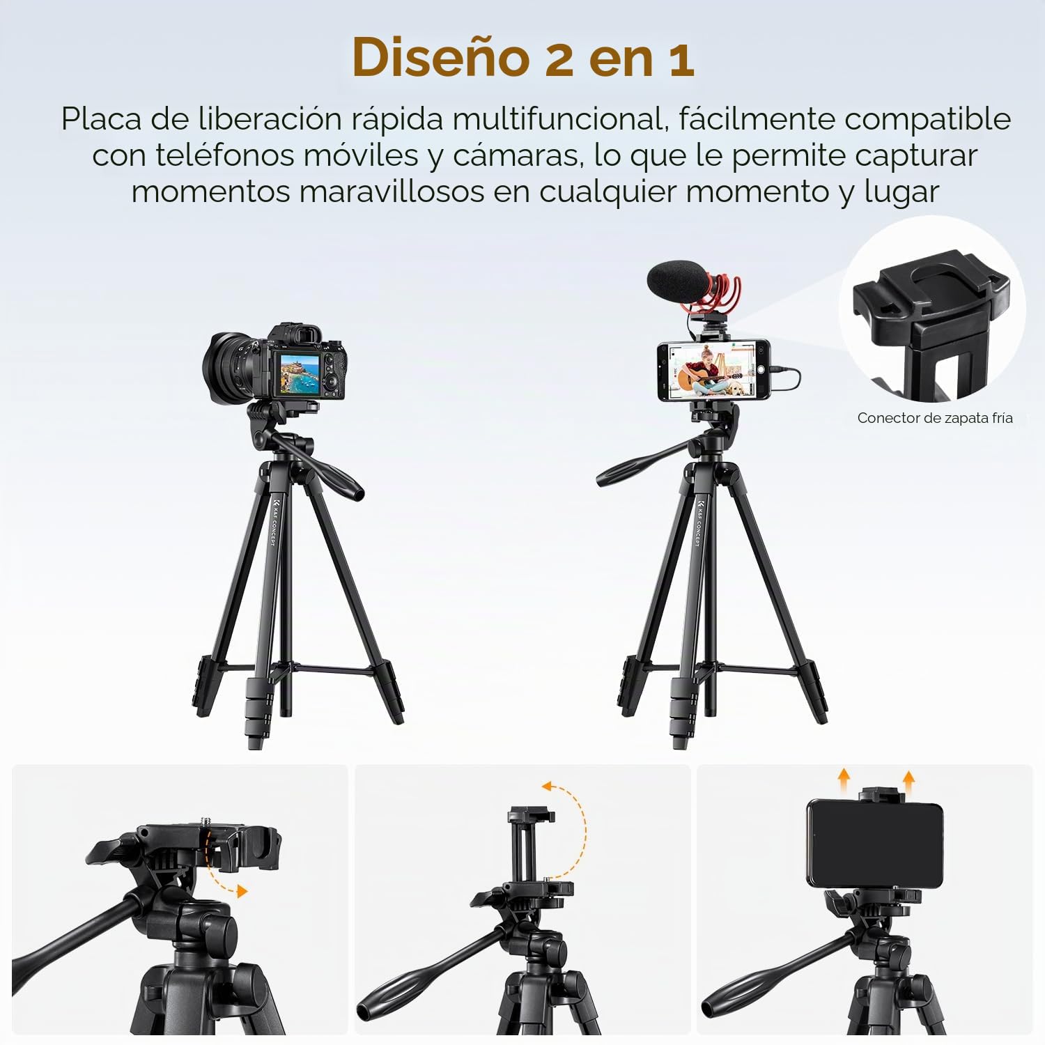 K&F CONCEPT Tripode Proyector, Trípode para Móvil 152cm Compatible con DSLR Canon Nikon Sony, Smartphone con Soporte para Móvil, Trípode de Viaje de Aluminio con Mando a Distancia Bluetooth | Soporte ultraligero de 0.6 kg, control remoto y teléfono celula